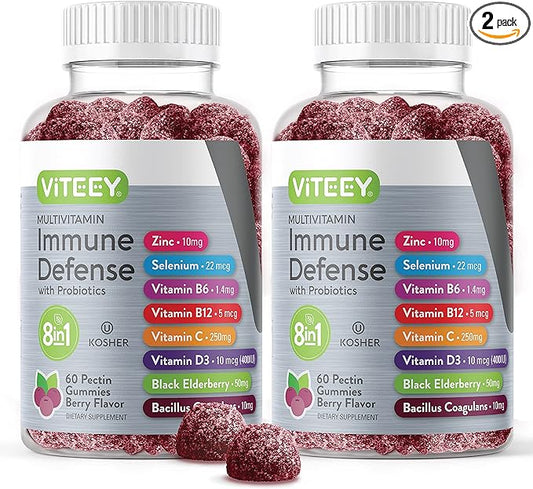 Viteey Multivitamin Gummies 8 in 1 Immune Support Supplement with Probiotics - Immune Boosters for Adults & Teens - Vegetarian, Gelatin Free, GMO Free - Chewable Berry Flavored Pectin Immune Defense