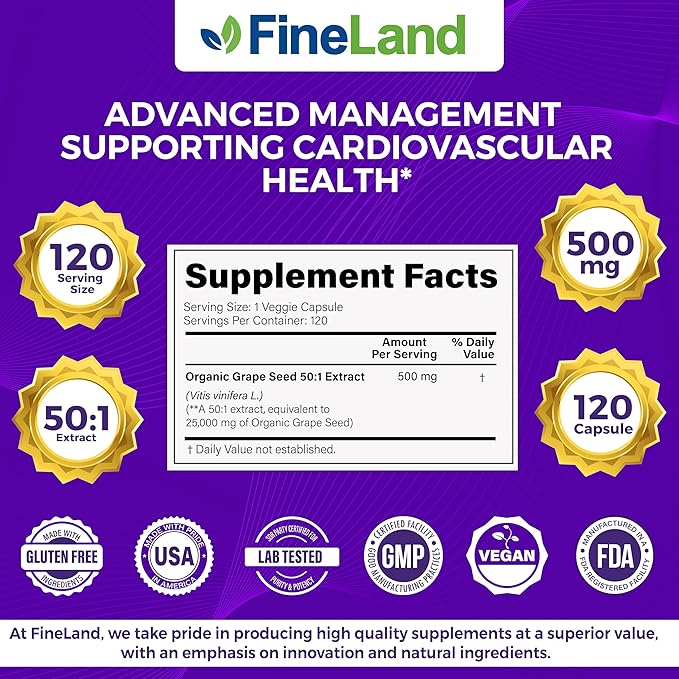 FineLand Grape Seed Extract 50:1 – 25,000mg Equivalent per Capsule – 120 Vegan Capsules – Rich in Antioxidants | Heart, Immune & Circulation Support – Non-GMO | Made in USA