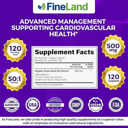 FineLand Grape Seed Extract 50:1 – 25,000mg Equivalent per Capsule – 120 Vegan Capsules – Rich in Antioxidants | Heart, Immune & Circulation Support – Non-GMO | Made in USA