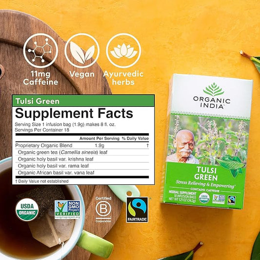 Organic India Tulsi Green Herbal Tea - Holy Basil, Stress Relieving & Empowering, Immune Support, Vegan, USDA Certified Organic, Premium Darjeeling Green Tea, Caffeinated - 18 Infusion Bags, 1 Pack