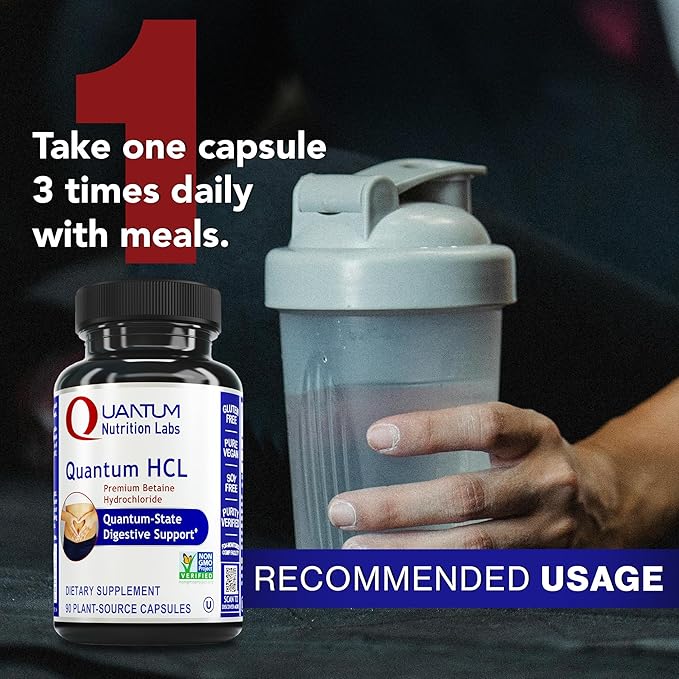 Quantum Nutrition Labs Quantum Betaine HCL - Betaine Hydrochloride, Betaine Hydrochloric Acid Supplement for Optimal Digestive Function and Low Stomach Acid, Betaine-HCL - 90 Plant-Based Capsules