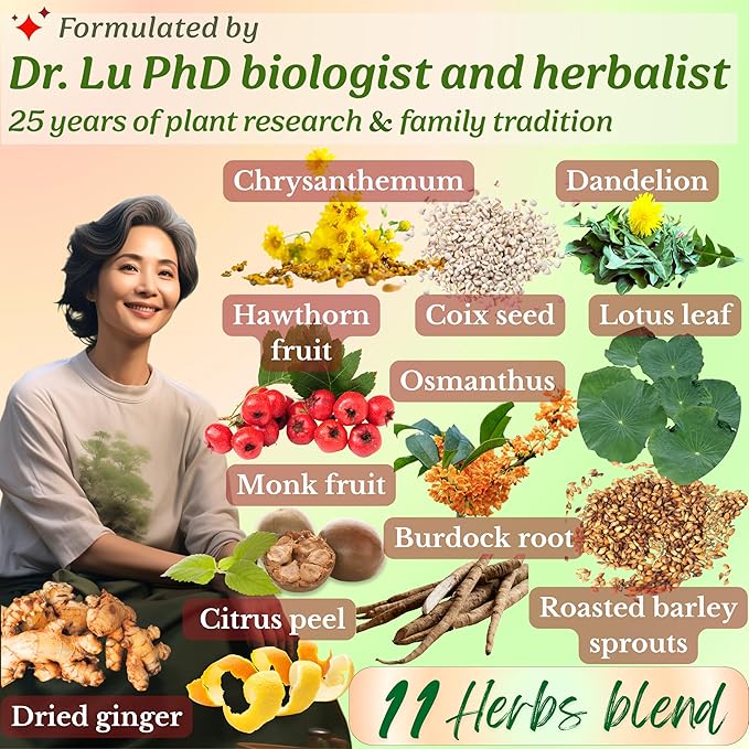 Dr. Lu’s Happy Slim Tea | 100% Natural Detox Tea for Body Balance & Shape | Colon Cleanse tea for Bloating & Digestion | 11 Inno-Cleanse Herbs incl. Hawthorn, Lotus Leaf, Burdock, Dandelion | Laxative-Free