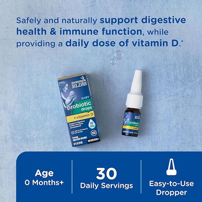 Mommy's Bliss Baby Probiotic Drops + Vitamin D, Supports Digestive Health and Immunity, 400IU Vitamin D for Healthy Bone Development, Newborns +, Flavorless, 0.34 Fl Oz (30 Servings)