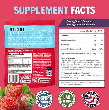 Mushie 100% Organic Reishi Mushroom Gummies - 2000mg Reishi Nootropic for Relaxation, Sleep, Cardiovascular Health & Immune Support with Vitamin D - Vegan, Gluten-Free - 60 Count