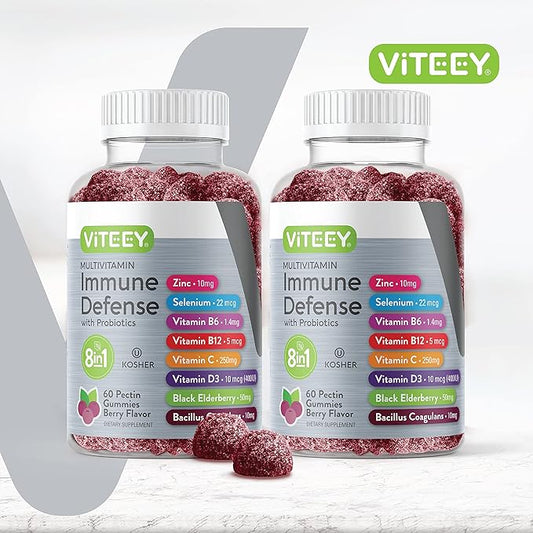 Viteey Multivitamin Gummies 8 in 1 Immune Support Supplement with Probiotics - Immune Boosters for Adults & Teens - Vegetarian, Gelatin Free, GMO Free - Chewable Berry Flavored Pectin Immune Defense