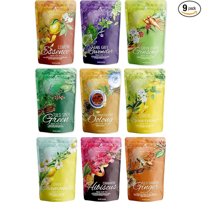 Gardenika Loose Leaf Tea Sampler Box – Herbal, Black and Green Variety Pack – Kosher, No Natural or Artificial Flavors – 9 Pack (1lb 2oz)