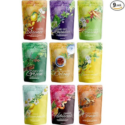 Gardenika Loose Leaf Tea Sampler Box – Herbal, Black and Green Variety Pack – Kosher, No Natural or Artificial Flavors – 9 Pack (1lb 2oz)