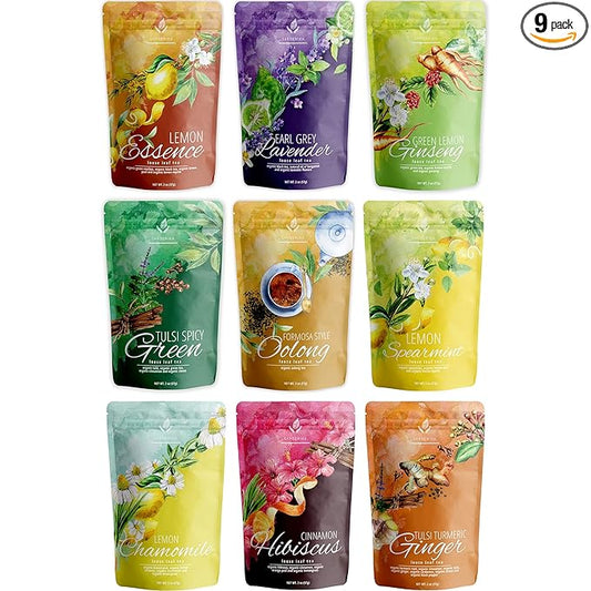 Gardenika Loose Leaf Tea Sampler Box – Herbal, Black and Green Variety Pack – Kosher, No Natural or Artificial Flavors – 9 Pack (1lb 2oz)