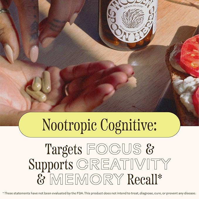 Wooden Spoon Herbs - Brain Bloom Supplement | Boosts Memory, Focus, Concentration, & Mental Agility | Organic Rosemary, Bacopa, & Lion’s Mane Supplement | Gluten-Free, Non-GMO, Vegan (60 CT, Capsules)