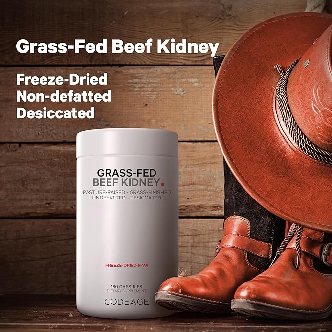 Codeage Grass Fed Beef Kidney Supplement - Freeze Dried, Non-Defatted, Desiccated Glandulars Nutrition Bovine Pills – Pasture Raised Beef Vitamins - Non-GMO -180 Capsules