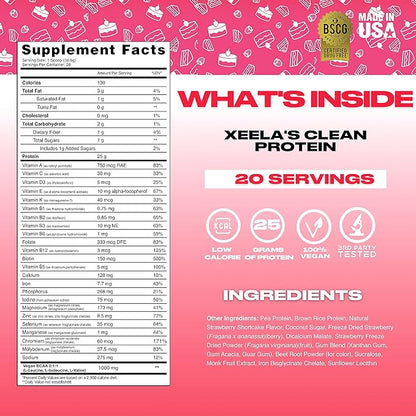 XEELA Plant Based Vegan Protein Powder - Independently Tested - 25g High Protein, Pea Protein for Men & Women - Vitamins & Minerals, Non GMO, Dairy & Gluten Free, LowCarb & LowFat (Strawberry Cake)
