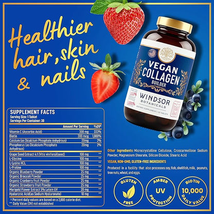 Vegan Collagen for Women and Men Supplements - Vitamin C, Biotin, Amino Acids Glycine, Lysine, Proline, Organic Fruit & Vegetable Powder - Once A Day - 30 Plant Based Collagen Boost Tablets