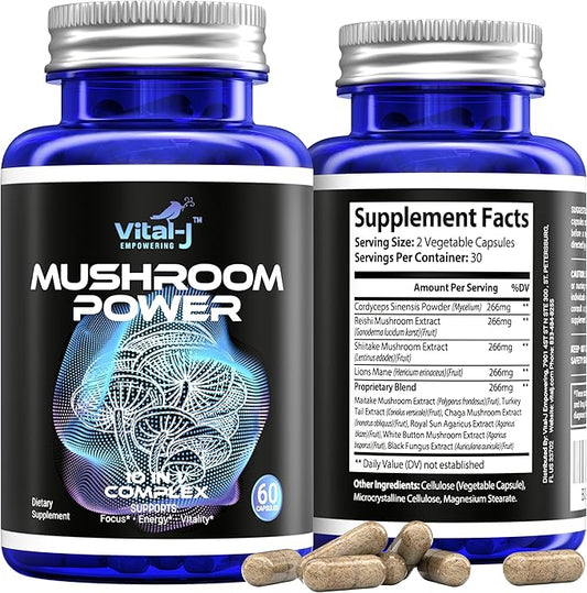 Mushroom Power Complex 10-in-1 W/Cordyceps, Reishi, Shiitake & Lions Mane, Nootropic Dietary Supplement for Gut Microbiome, Focus, Energy & Vitality - 120 Capsules Pack of 2