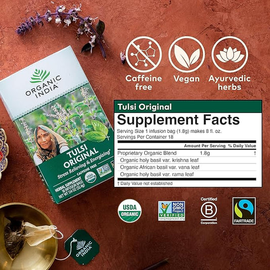 Organic India Tulsi Original Herbal Tea - Holy Basil, Stress Relieving & Energizing, Immune Support, Adaptogen, Vegan, USDA Certified Organic, Non-GMO, Caffeine-Free - 18 Infusion Bags, 1 Pack