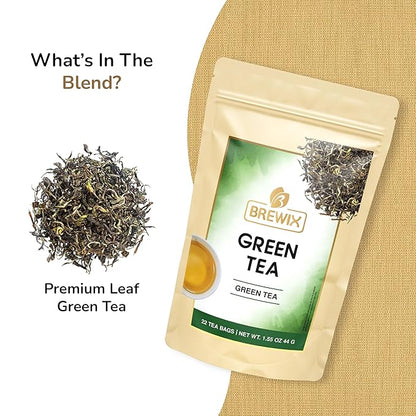 BREWIX, Green Tea (22 Pyramid Tea Bags) | Supports Overall Health, Natural & Pure High Grown Green Tea | Caffeinated & Gluten Free | Direct From India