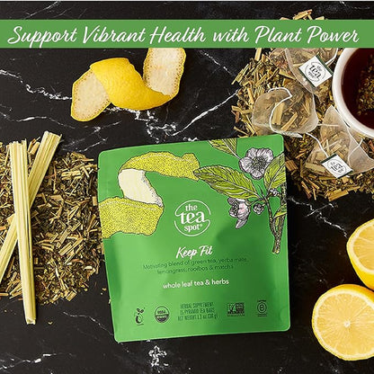 The Tea Spot Organic Keep Fit Green Tea with Yerba Mate and Matcha for Metabolic Support | Blend of Green Tea, Matcha, Yerba Mate, Rooibos, Lemongrass and Lemon Flavor | Caffeine-Free 15 Tea Bags