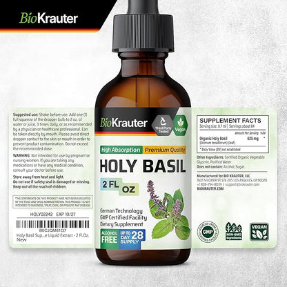 BIO KRAUTER Holy Basil Tincture - Tulsi Powder Liquid Extract - Supports Calmness and Relaxation - Ursolic Acid Supplement - Alcohol and Sugar Free - Vegan Drops 2 Fl.Oz.