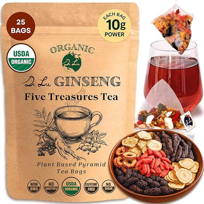 Dr. Lu’s Organic Ginseng Five Treasures Tea Kidney Tea | Ginseng Six Treasures tea for Kidney Cleanse Detox & Repair with Maca Root in Corn Fiber Pyramid Bags (No Plastic/Nylon) | Made in US