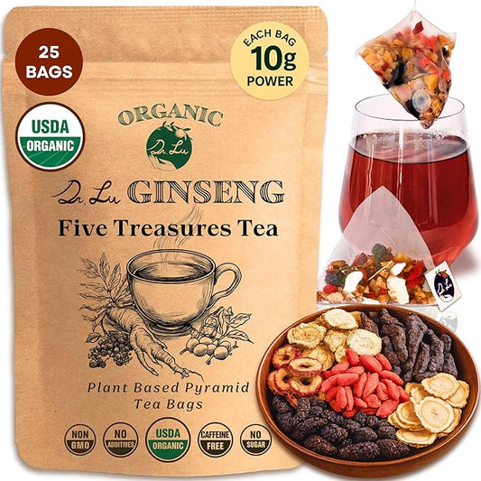 Dr. Lu’s Organic Ginseng Five Treasures Tea Kidney Tea | Ginseng Six Treasures tea for Kidney Cleanse Detox & Repair with Maca Root in Corn Fiber Pyramid Bags (No Plastic/Nylon) | Made in US