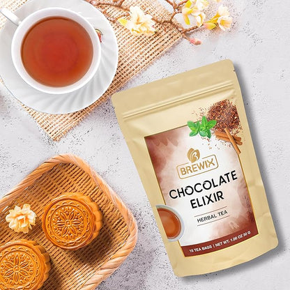 BREWIX, Chocolate Rooibos Herbal Tea Bags, (15 Pyramid Tea Bags) | Red Tea with Cocoa | Rooibos, Cinnamon, Spearmint, Peppermint Tea | Naturally Caffeine-Free