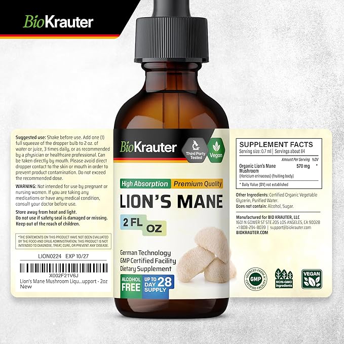 BIO KRAUTER Lions Mane Liquid Extract - Mushroom Supplement for Brain Support - Vegan Lions Mane Supplement - Alcohol & Sugar Free Drops - 2 Fl.Oz.