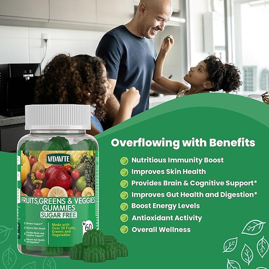 Sugar-Free Fruit and Veggie Gummies — 35+ Greens, Fruit and Vegetable Vitamins to Boost Immunity, Skin & Gut Health — Ideal Fruity Vegetable Supplement for Adults & Kids (60 Gummies)