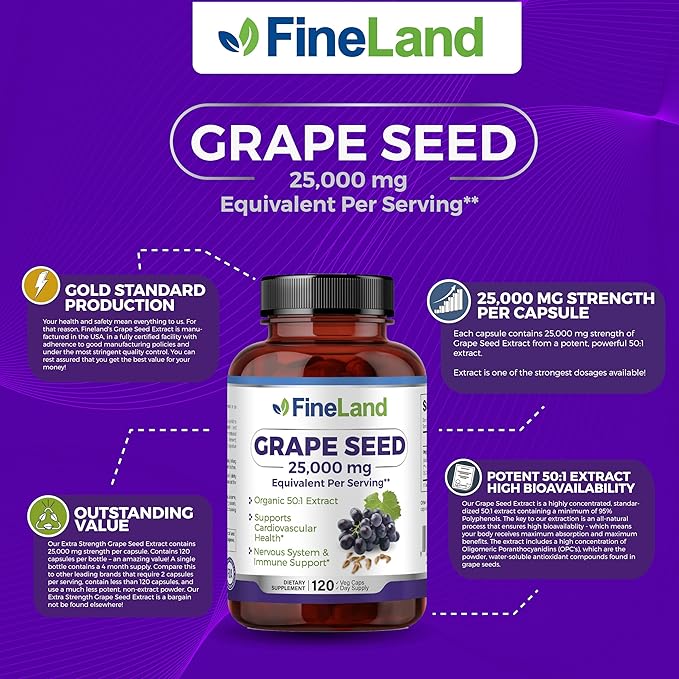 FineLand Grape Seed Extract 50:1 – 25,000mg Equivalent per Capsule – 120 Vegan Capsules – Rich in Antioxidants | Heart, Immune & Circulation Support – Non-GMO | Made in USA