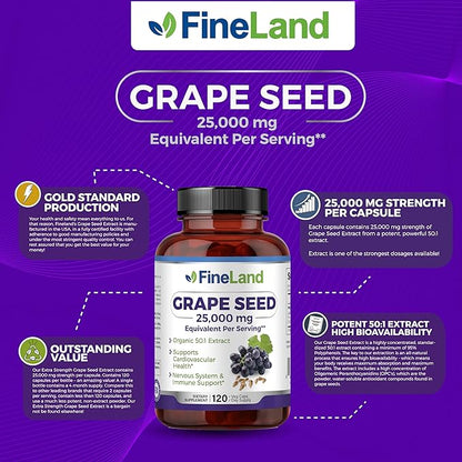 FineLand Grape Seed Extract 50:1 – 25,000mg Equivalent per Capsule – 120 Vegan Capsules – Rich in Antioxidants | Heart, Immune & Circulation Support – Non-GMO | Made in USA