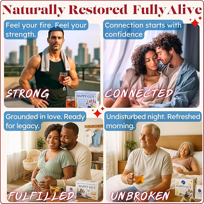 Dr. Lu’s Happy Tea for Guy | 100% Natural Energy Tea for Men | Supports Prostate, Vitality & Fertility | 11-Herb Blend with Maca, Corn Silk & Hibiscus in Corn Fiber Tea Bags Made in USA