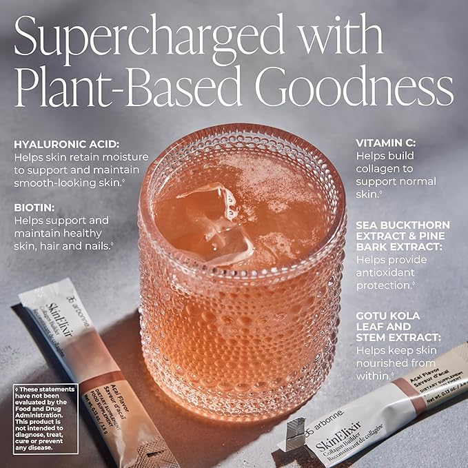 Arbonne SkinElixir Collagen Powder Builder - Açaí-Flavored Vegan Supplement for Women with Hyaluronic Acid, Vitamin C, Biotin & Antioxidants - Supports Healthy Skin, Hair & Nails - 30 Stick Packs