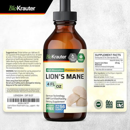BIO KRAUTER Lions Mane Liquid Extract - Mushroom Supplement for Brain Support - Vegan Lions Mane Supplement - Alcohol & Sugar Free Drops - 4 Fl.Oz.