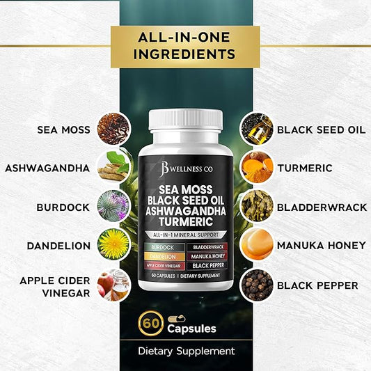 Sea Moss Black Seed Oil Ashwagandha Turmeric Bladderwrack Burdock - with Manuka, Honey Dandelion, ACV Black Pepper Gluten Free- 120 Count