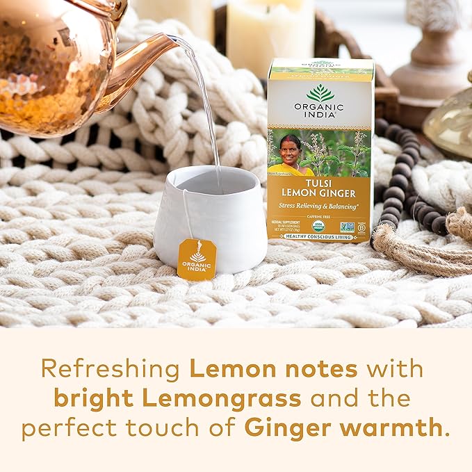 ORGANIC INDIA Tulsi Lemon Ginger Tea Bags - Herbal Tea, Stress Relieving & Reviving, Immune Support, Aids Digestion, Vegan, USDA Certified Organic, Non-GMO, Caffeine-Free - 18 Infusion Bags, 1 Pack