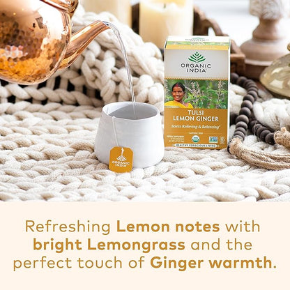 ORGANIC INDIA Tulsi Lemon Ginger Tea Bags - Herbal Tea, Stress Relieving & Reviving, Immune Support, Aids Digestion, Vegan, USDA Certified Organic, Non-GMO, Caffeine-Free - 18 Infusion Bags, 1 Pack