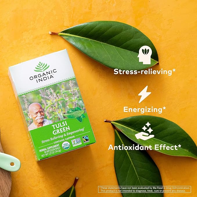 Organic India Tulsi Green Herbal Tea - Holy Basil, Stress Relieving & Empowering, Immune Support, Vegan, USDA Certified Organic, Premium Darjeeling Green Tea, Caffeinated - 18 Infusion Bags, 1 Pack