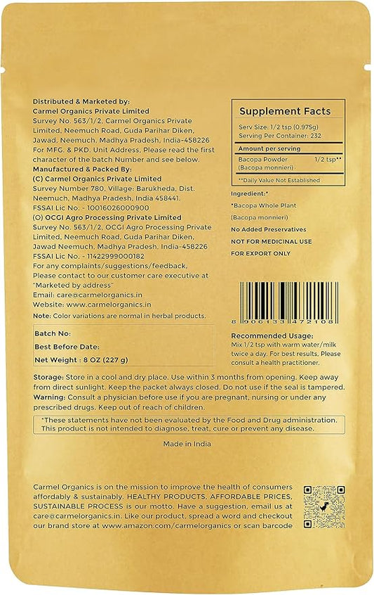 CARMEL ORGANICS Bacopa Monnieri/Brahmi Powder | 8 Ounce or 0.5 Lb/ 227 Grams(Pack of 1) | Natural and Pure Bacopa Powder Non-GMO | No Added Preservative