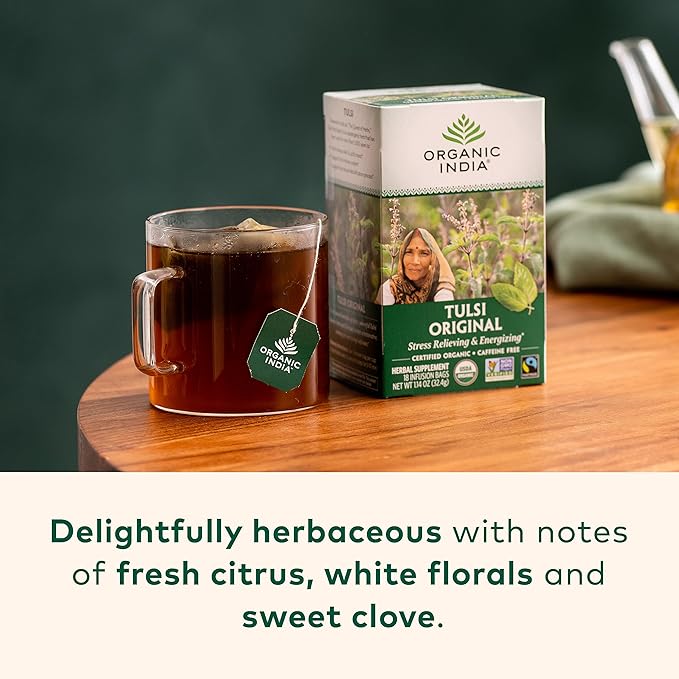 Organic India Tulsi Original Herbal Tea - Holy Basil, Stress Relieving & Energizing, Immune Support, Adaptogen, Vegan, USDA Certified Organic, Non-GMO, Caffeine-Free - 18 Infusion Bags, 1 Pack