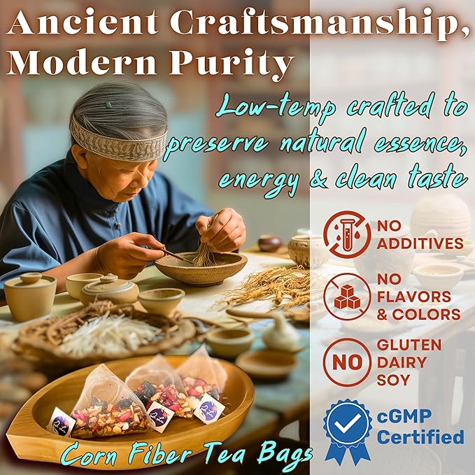 Dr. Lu’s Organic Ginseng Five Treasures Tea Kidney Tea | Ginseng Six Treasures tea for Kidney Cleanse Detox & Repair with Maca Root in Corn Fiber Pyramid Bags (No Plastic/Nylon) | Made in US