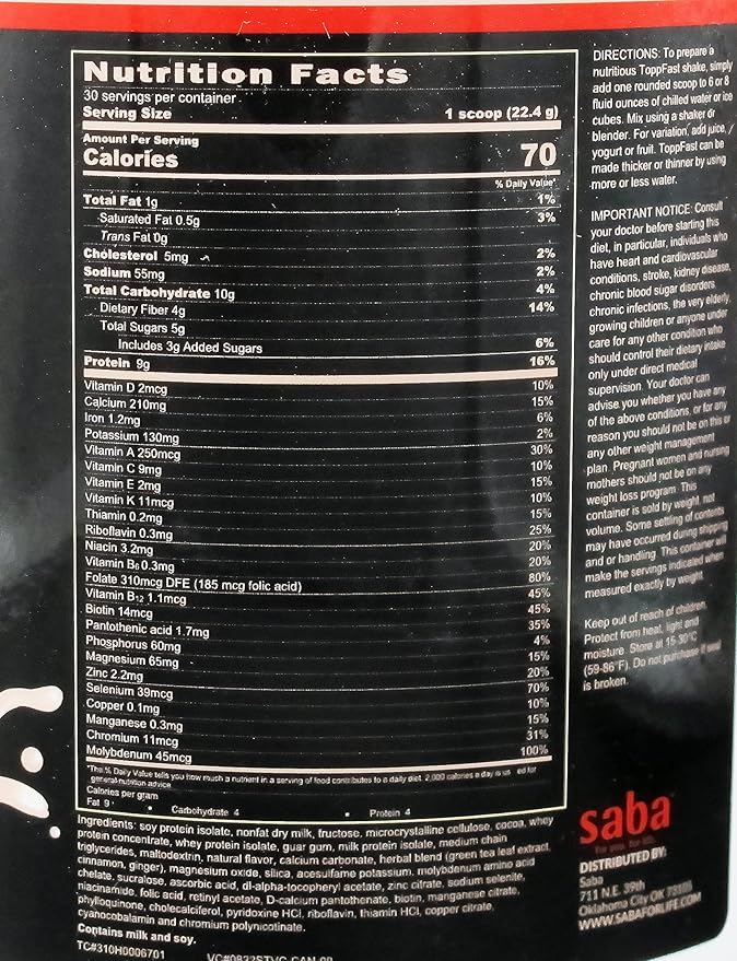 Saba ToppFast™ Nutritional Shake -Scientific Blend of proteins, Herbs, Vitamins, Minerals, & Antioxidants -30 Servings