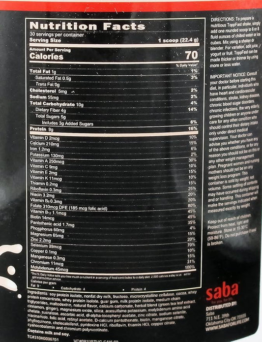 Saba ToppFast™ Nutritional Shake -Scientific Blend of proteins, Herbs, Vitamins, Minerals, & Antioxidants -30 Servings
