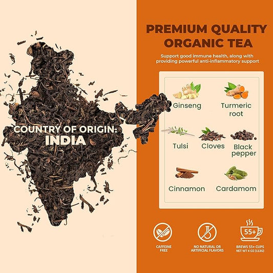 Organic Turmeric Ginger Tulsi Chai Tea | Loose Leaf | Ayurvedic Superfood Blend | Herbal and Caffeine-Free | 55+ Cups | KSA Kosher | 4 oz