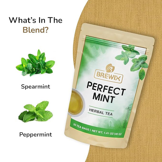 BREWIX, Moroccan Mint Tea (20 Pyramid Tea Bags) | Soothes Your Belly | Calming, Fresh and Cool | Caffeine Free Herbal Tea | No Sugar & No Caffeine