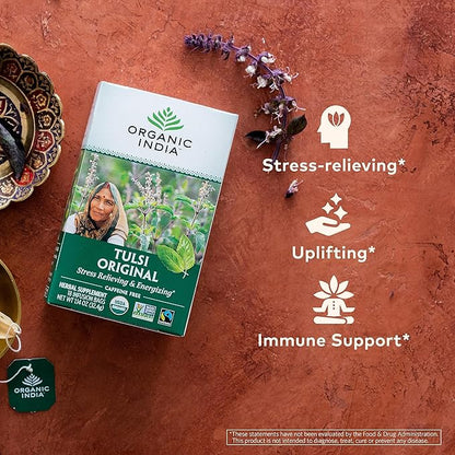 Organic India Tulsi Original Herbal Tea - Holy Basil, Stress Relieving & Energizing, Immune Support, Adaptogen, Vegan, USDA Certified Organic, Non-GMO, Caffeine-Free - 18 Infusion Bags, 1 Pack