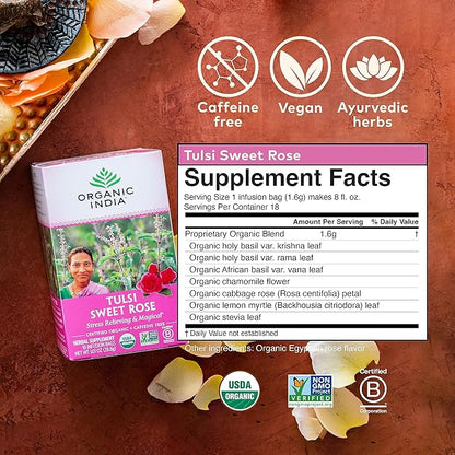 ORGANIC INDIA Tulsi Sweet Rose Herbal Tea - Holy Basil Leaf, African Basil, Chamomilie, Lemon Myrtle, Stress Relieving, Immune Support, USDA Certified Organic, Caffeine-Free - 18 Infusion Bags, 1 Pack