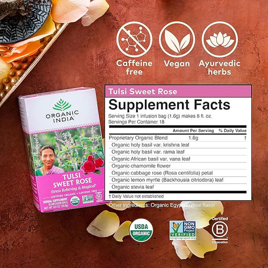 ORGANIC INDIA Tulsi Sweet Rose Herbal Tea - Holy Basil Leaf, African Basil, Chamomilie, Lemon Myrtle, Stress Relieving, Immune Support, USDA Certified Organic, Caffeine-Free - 18 Infusion Bags, 1 Pack