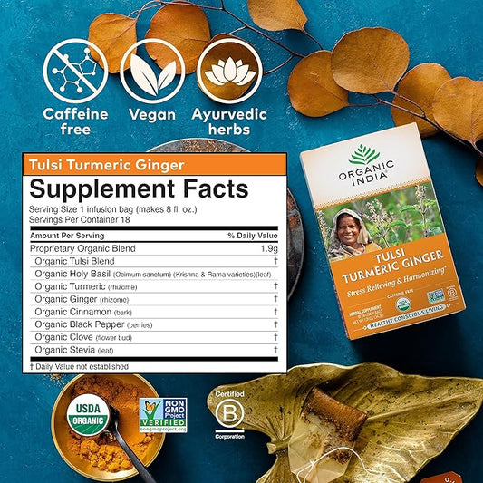 Organic India Tulsi Turmeric Ginger Herbal Tea - Holy Basil, Stress Relieving & Harmonizing, Immune Support, Healthy Inflammatory Response, Aids Digestion, Caffeine-Free - 18 Infusion Bags, 1 Pack