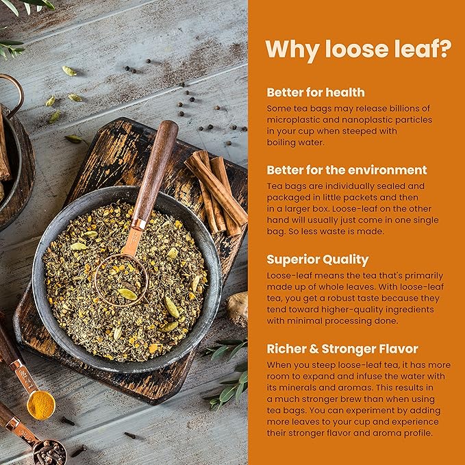 Organic Turmeric Ginger Tulsi Chai Tea | Loose Leaf | Ayurvedic Superfood Blend | Herbal and Caffeine-Free | 55+ Cups | KSA Kosher | 4 oz