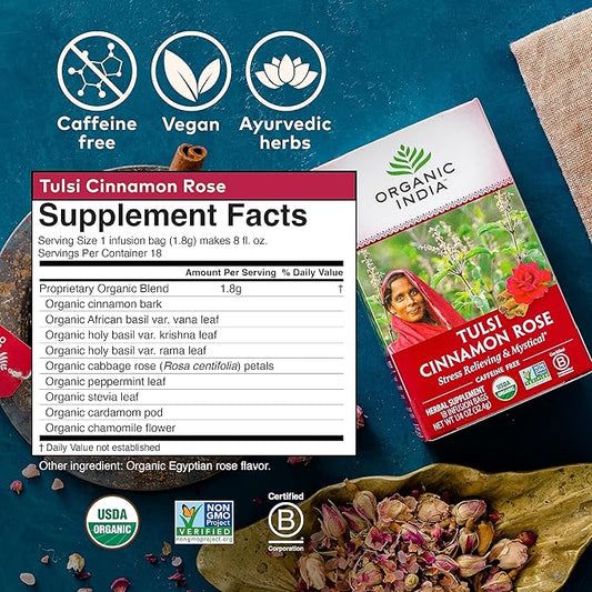 Organic India Tulsi Cinnamon Rose Herbal Tea - Stress Relieving & Mystical, Immune Support, Gluten-Free, USDA Certified Organic, Supports Sugar Metabolism, Caffeine-Free - 18 Infusion Bags, 1 Pack